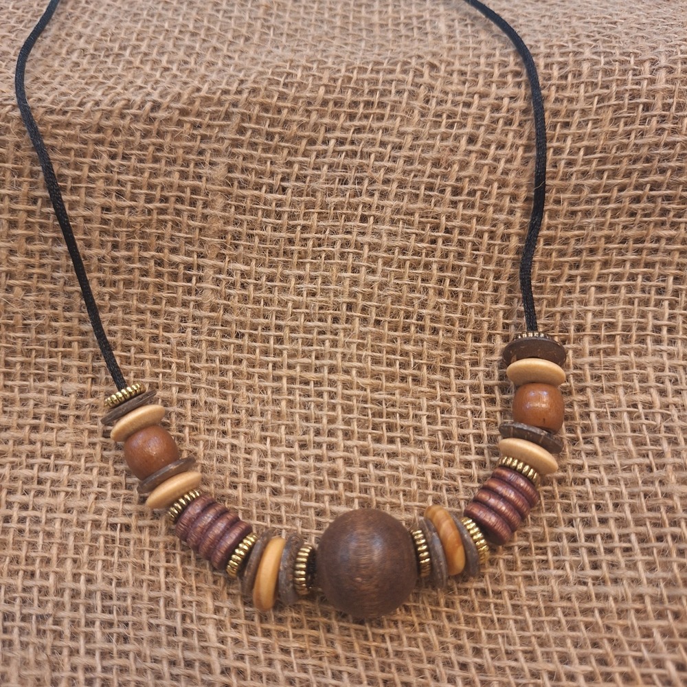 Handmade Wood Bead Necklace Womens OS Brown Boho Earthy Ethnic Cord Jewelry